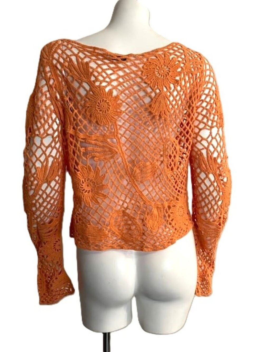 Paparazzi Crochet Mesh Open Knit Top Orange Med Long Sleeve Boho Festival Beach - Picture 4 of 16